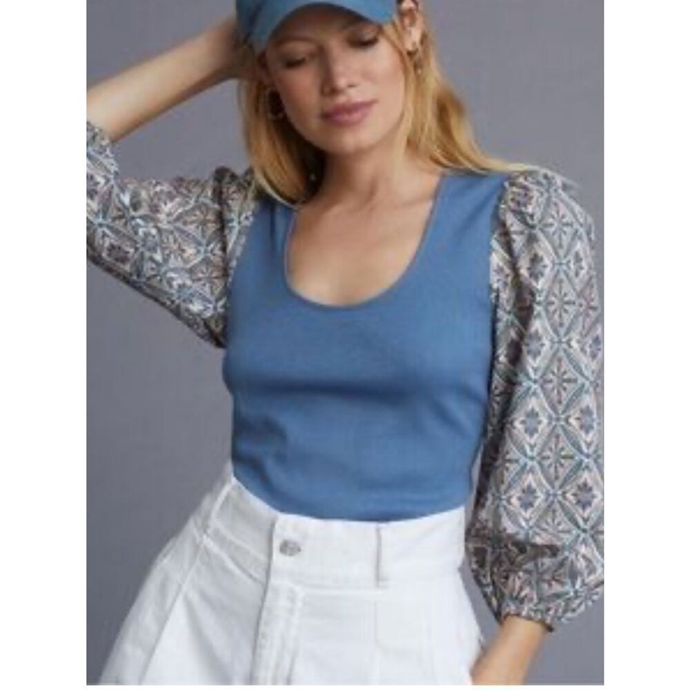 dolan Blue Scoop Neck Tank with Patterned Puff Sleeves Small